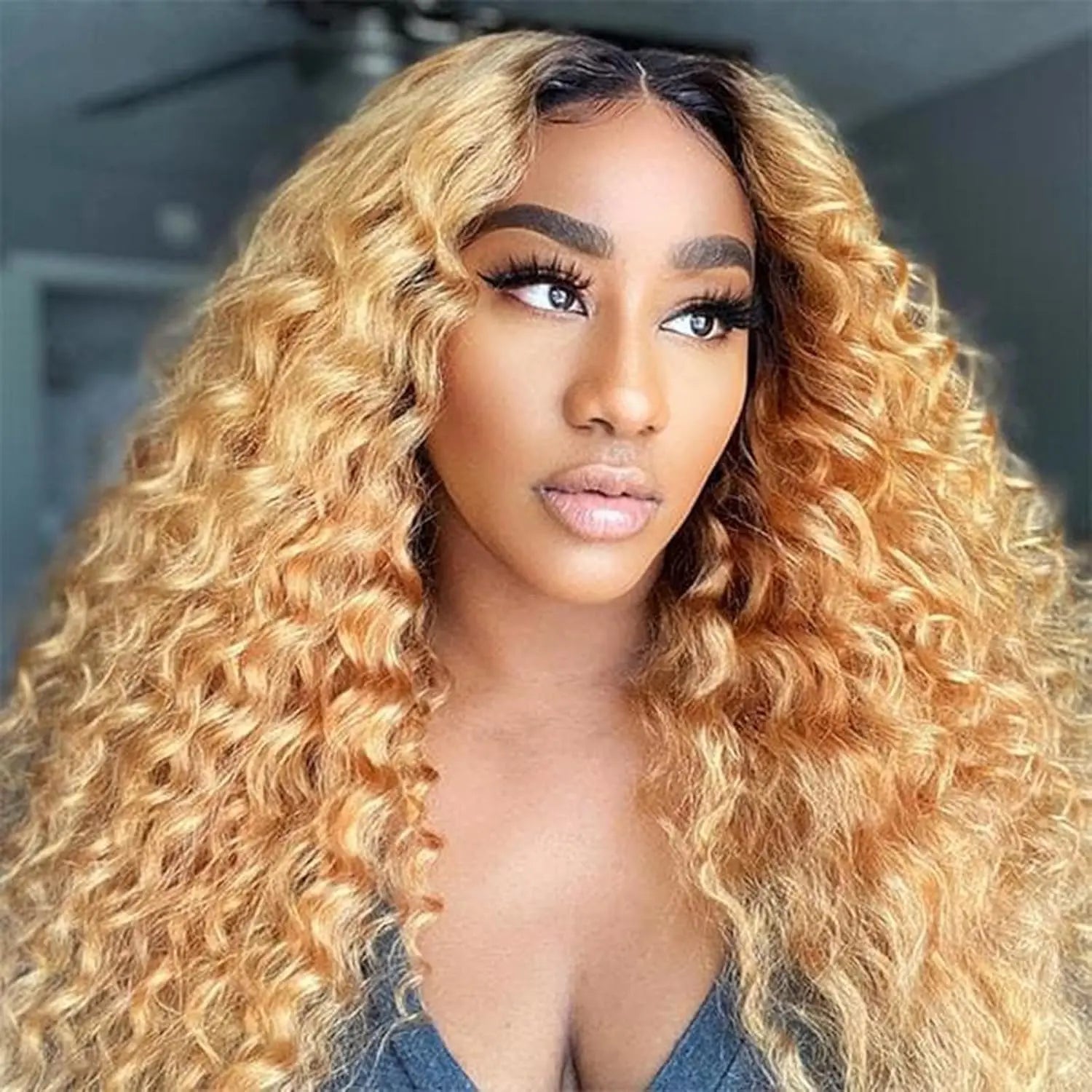 Omber Brown 27 Deep Wave Lace Front Wigs Human Hair Colored Lace Frontal Wig for Women 4X4 HD Lace Blonde Curly Wig Human Hair Pre Plucked with Baby Hair 200% Density