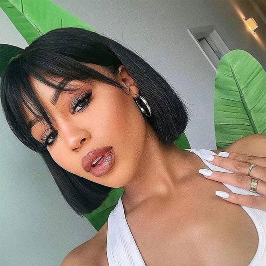 Bob Wigs with Bangs Brazilian Straight Human Hair Wigs Machine Made Bob Wig for Black Women None Lace Front Wigs Natural Color (8 Inch)