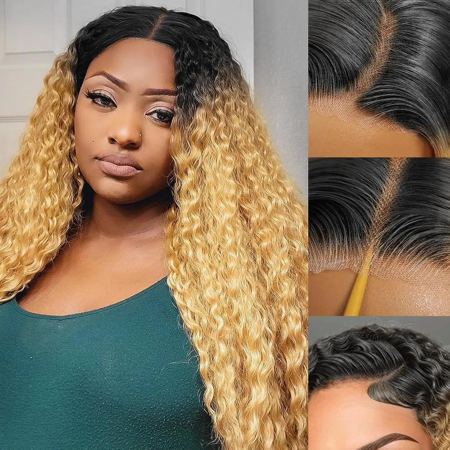 Omber Brown 27 Deep Wave Lace Front Wigs Human Hair Colored Lace Frontal Wig for Women 4X4 HD Lace Blonde Curly Wig Human Hair Pre Plucked with Baby Hair 200% Density