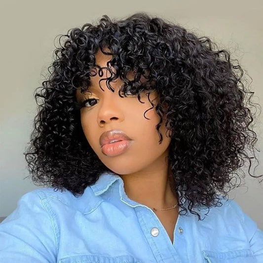 Short Afro Curly Wig with Bangs Natural Black Royal Curly Human Hair Wig14 Inch⭐⭐⭐⭐